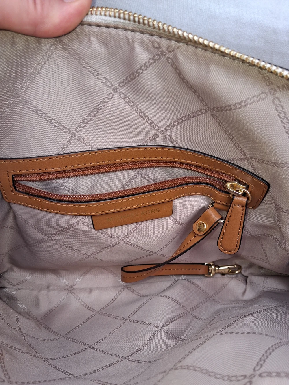 Michael Kors Beige Signature MK Satchel with Acorn Trim